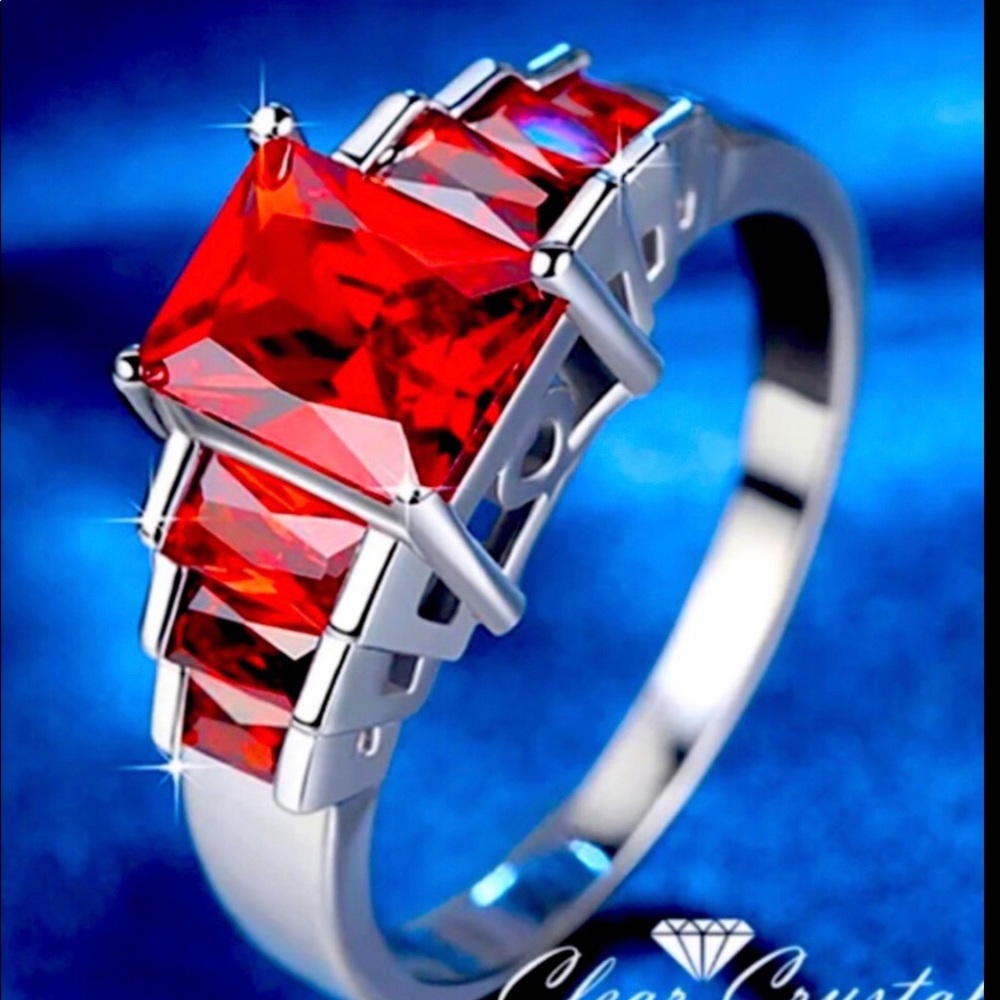 NEW! White Gold Red CZ Ring Size 6